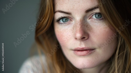 A close-up shot of a woman's face featuring distinctive freckles