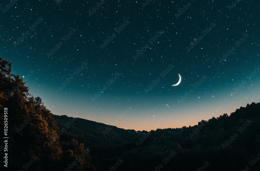 Serene Night Sky with Stars and Crescent Moon, Symbolizing the Spiritual Connection of Ramadan to the Divine. Serene Night Sky with Stars and Crescent Moon, Symbolizing the Spiritual Connection of Ramadan to the Divine.