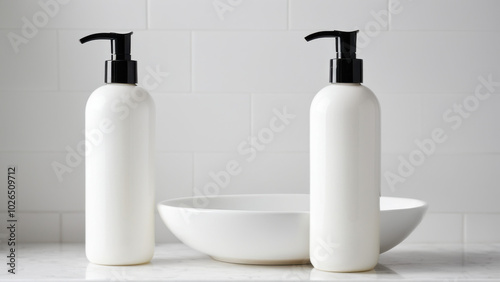 This image shows three sleek, minimalistic facial cleanser bottles. The absence of branding and the pristine white sink create a clean, sophisticated look, perfect for beauty marketing.