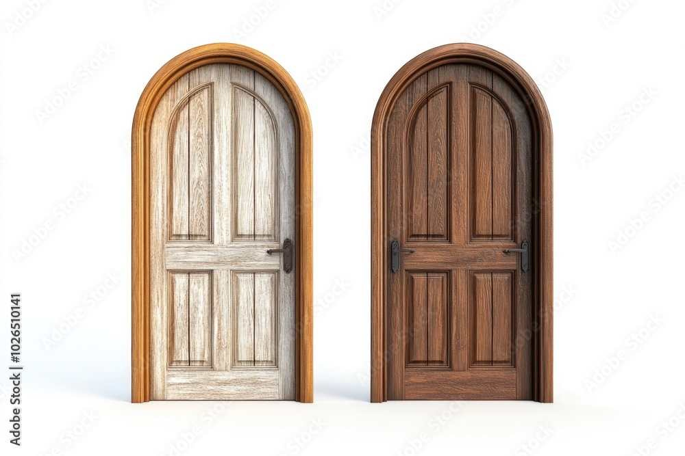 Close-up shot of a pair of wooden doors on a white background, ideal for use in interior design or architecture contexts Close-up shot of a pair of wooden doors on a white background, ideal for use in interior design or architecture contexts