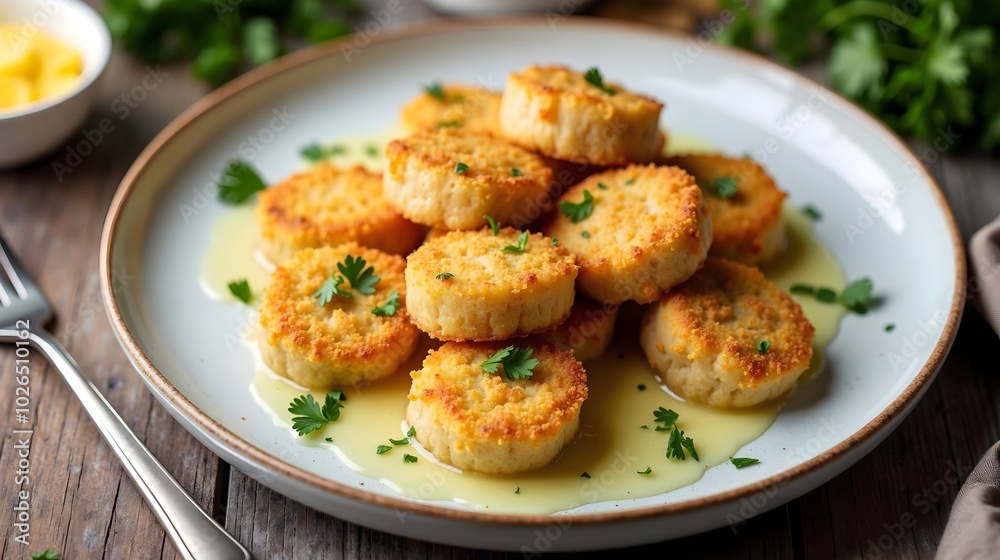 Crispy Shlishkes Potato Dumplings Served in Butter Sauce (Jewish Cuisine) Crispy Shlishkes Potato Dumplings Served in Butter Sauce (Jewish Cuisine)
