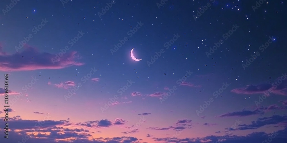 Serene Night Sky with Stars and Crescent Moon, Symbolizing the Spiritual Connection of Ramadan to the Divine. Serene Night Sky with Stars and Crescent Moon, Symbolizing the Spiritual Connection of Ramadan to the Divine.