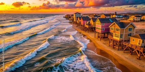 Aerial View of Beach Homes in Rodanthe, North Carolina at High Tide - Stunning Coastal Landscape Photography photo