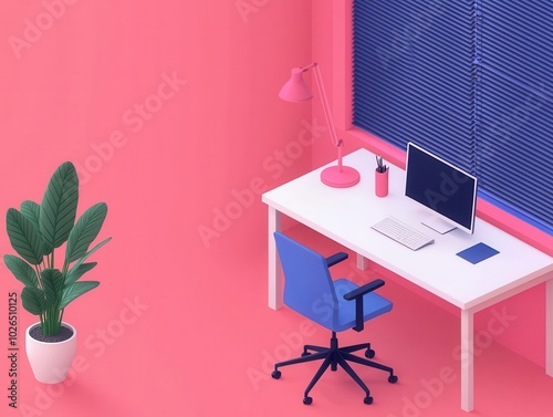 Isometric smart office with open workspaces, digital touchscreens, and automated blinds for a clean and techfocused design photo