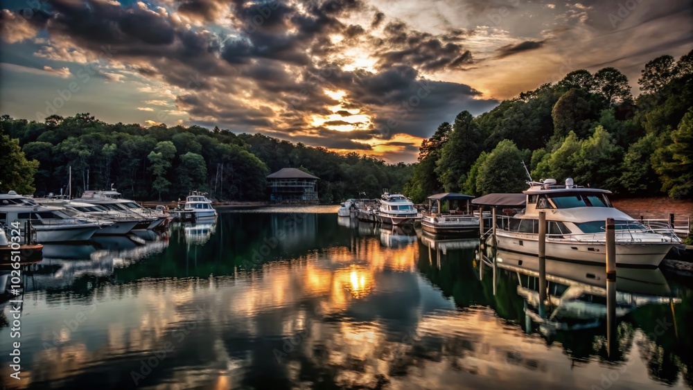 Aerial View of Boats and Yachts at Sunset in Lake Lanier, Georgia Aerial View of Boats and Yachts at Sunset in Lake Lanier, Georgia