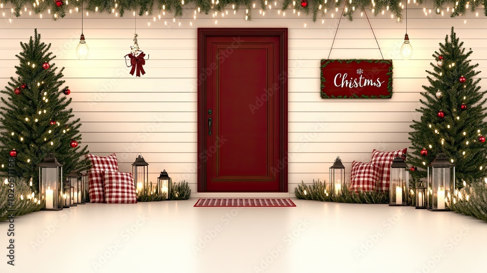 Fototapeta premium A charming Christmas front porch features red doors adorned with wreaths, lanterns hanging from trees, cozy seating, and festive greenery for a welcoming holiday atmosphere.