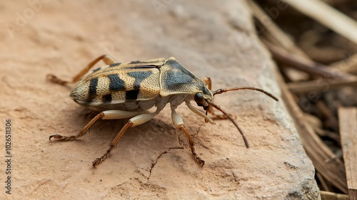 Close-up of a Striped and Brown Bug on a Rock