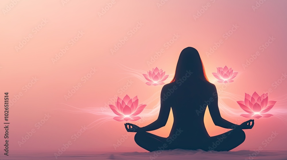 A silhouette of a meditating figure surrounded by glowing lotus flowers against a serene pink background, embodying tranquility and mindfulness. A silhouette of a meditating figure surrounded by glowing lotus flowers against a serene pink background, embodying tranquility and mindfulness.
