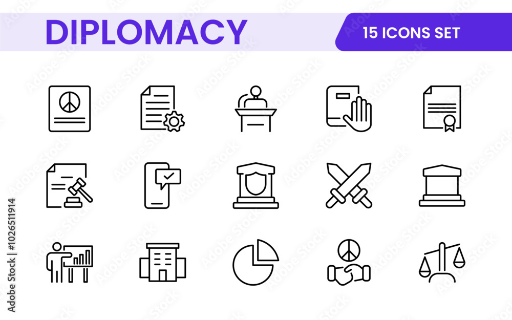 Diplomacy Line Icons set. Vector illustration in modern thin line style of political dialogue related icons: summit, diplomatic, politics, debate, and more. Diplomacy Line Icons set. Vector illustration in modern thin line style of political dialogue related icons: summit, diplomatic, politics, debate, and more.