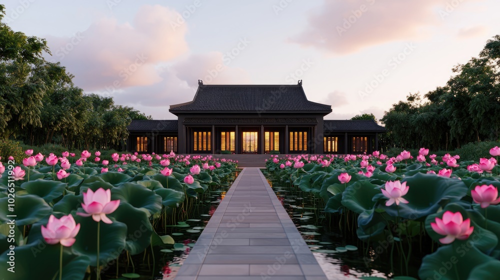 A serene garden pathway leads to a traditional structure surrounded by blooming lotus flowers under a twilight sky. A serene garden pathway leads to a traditional structure surrounded by blooming lotus flowers under a twilight sky.