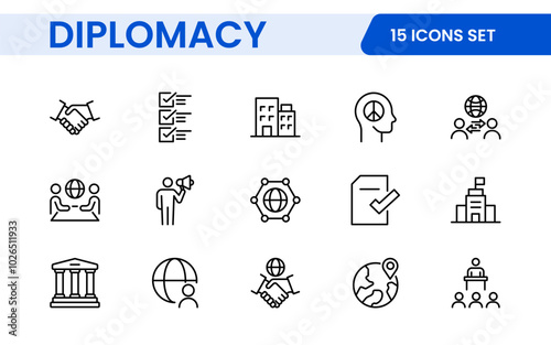 Diplomacy Line  Icons set. Vector illustration in modern thin line style of political dialogue related icons: summit, diplomatic, politics, debate, and more.