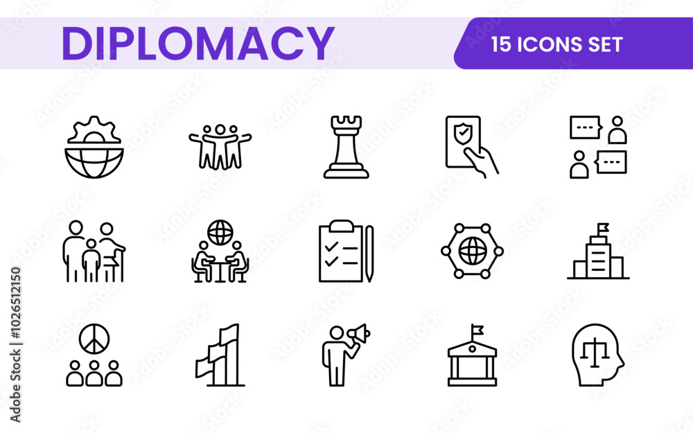 Diplomacy Line Icons set. Vector illustration in modern thin line style of political dialogue related icons: summit, diplomatic, politics, debate, and more. Diplomacy Line Icons set. Vector illustration in modern thin line style of political dialogue related icons: summit, diplomatic, politics, debate, and more.