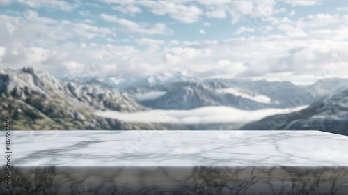 A marble tabletop with a blurred mountain landscape in the background.