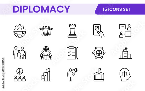 Diplomacy Line  Icons set. Vector illustration in modern thin line style of political dialogue related icons: summit, diplomatic, politics, debate, and more.