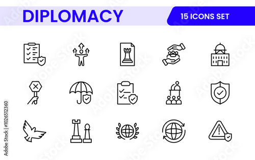 Diplomacy Line  Icons set. Vector illustration in modern thin line style of political dialogue related icons: summit, diplomatic, politics, debate, and more.