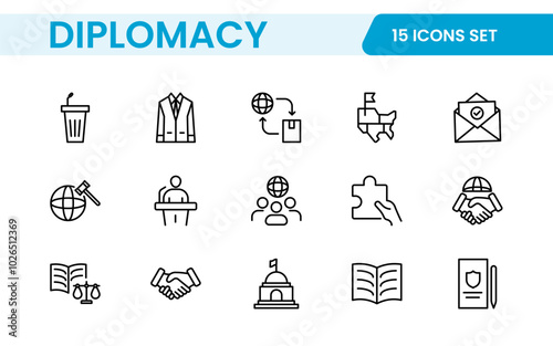 Diplomacy Line  Icons set. Vector illustration in modern thin line style of political dialogue related icons: summit, diplomatic, politics, debate, and more.