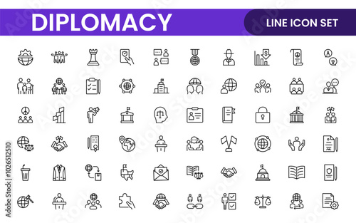 Diplomacy Line  Icons set. Vector illustration in modern thin line style of political dialogue related icons: summit, diplomatic, politics, debate, and more.