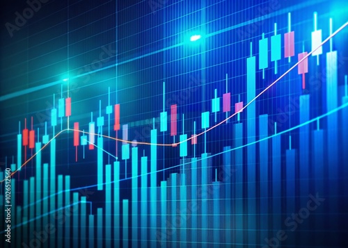 Aerial View of Financial Chart with Uptrend Candlestick Graph on Blue Monitor Background for Stock Market Analysis