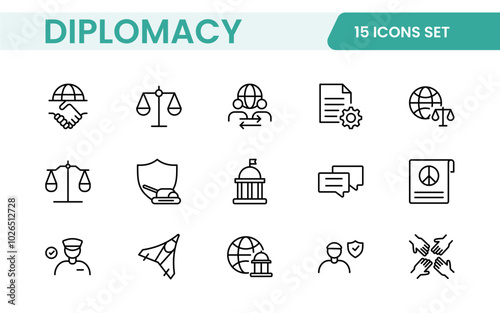 Diplomacy Line  Icons set. Vector illustration in modern thin line style of political dialogue related icons: summit, diplomatic, politics, debate, and more.