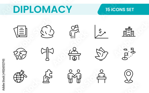 Diplomacy Line  Icons set. Vector illustration in modern thin line style of political dialogue related icons: summit, diplomatic, politics, debate, and more.