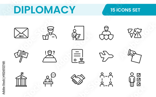 Diplomacy Line  Icons set. Vector illustration in modern thin line style of political dialogue related icons: summit, diplomatic, politics, debate, and more.