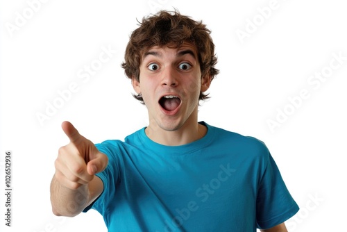 A person wearing a blue shirt and making a comical face, suitable for use in humor or entertainment contexts