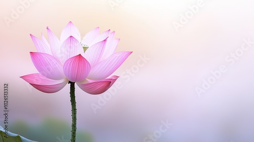 A delicate pink lotus flower stands elegantly against a soft pastel background, symbolizing beauty and tranquility.
