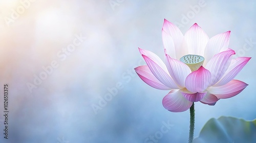 A serene pink lotus flower blossoms against a soft blue background, evoking tranquility and natural beauty.