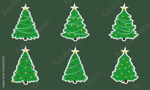 Set of stickers of Christmas trees with lush branches, decorated with balls