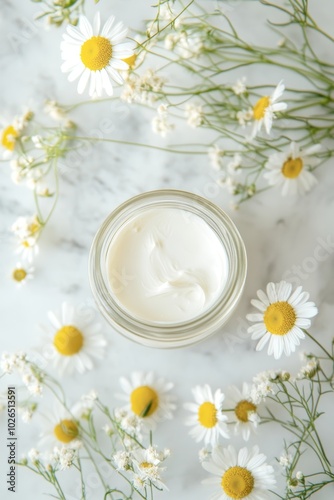 Close-up of a glass jar of cream surrounded by daisies on a light background, perfect for beauty or skincare product promotion Generative AI