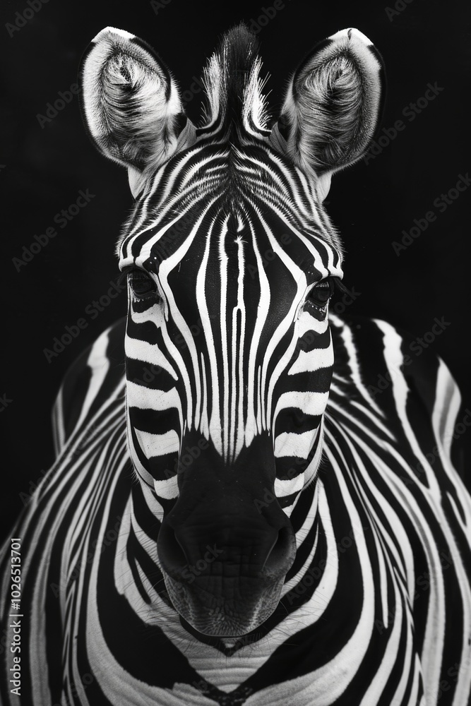 Fototapeta premium A close-up shot of a zebra in black and white, highlighting its distinctive stripes