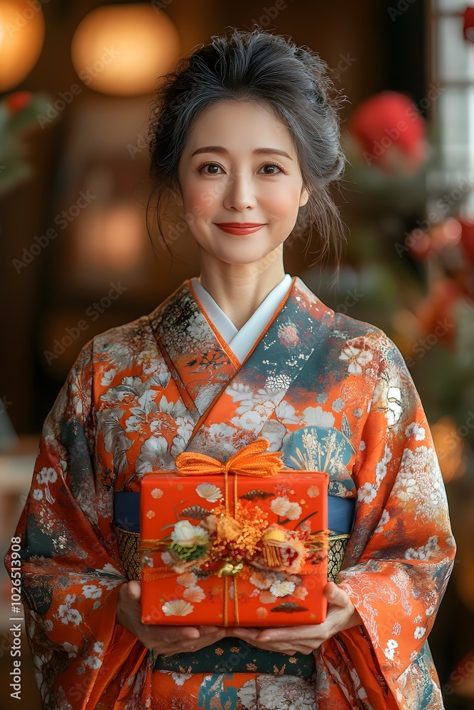 Japanese Woman Holding A Small Gift Wrapped In Vibrant Red Paper, Surrounded By Traditional New Year Decorations At Home Japanese Woman Holding A Small Gift Wrapped In Vibrant Red Paper, Surrounded By Traditional New Year Decorations At Home