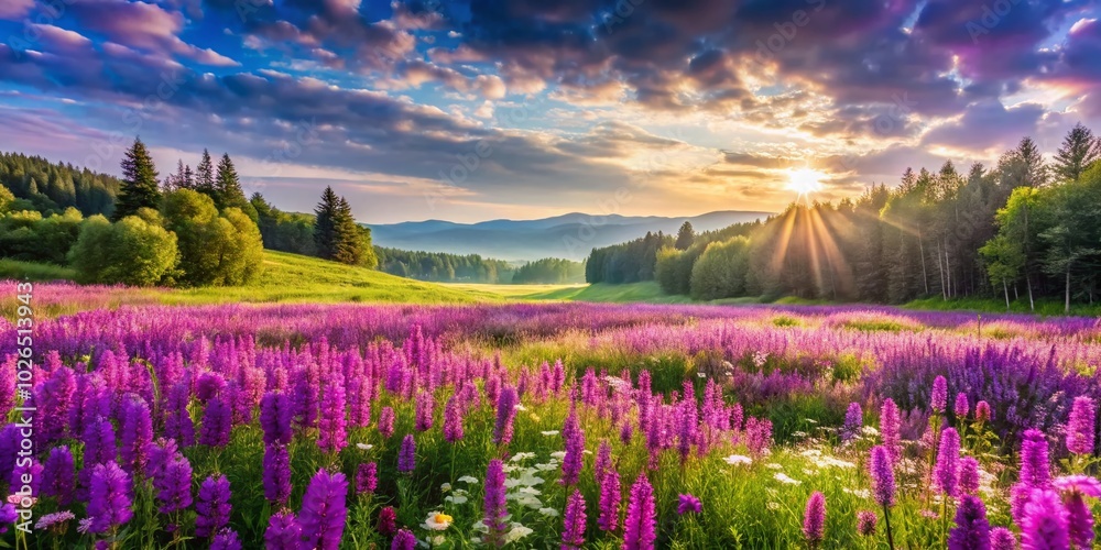 Fototapeta premium Aerial View of Impressionist Purple Flower Meadow in Fine Art Style