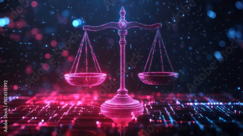 A digital rendering of a scales of justice, symbolizing balance and fairness, with a futuristic and abstract design. photo