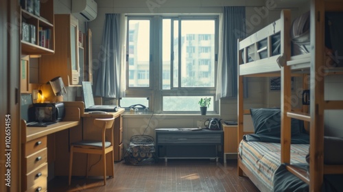 Cozy student bedroom featuring bunk beds and a desk, perfect for dorm room or shared living space photo