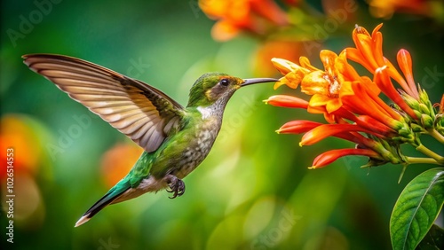 Aerial View of Little Hermit Hummingbird Sipping Nectar from Vibrant Orange Flower in Trinidad and Tobago photo