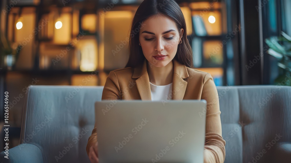 Focused Woman Working on a Laptop in a Cozy Setting Focused Woman Working on a Laptop in a Cozy Setting