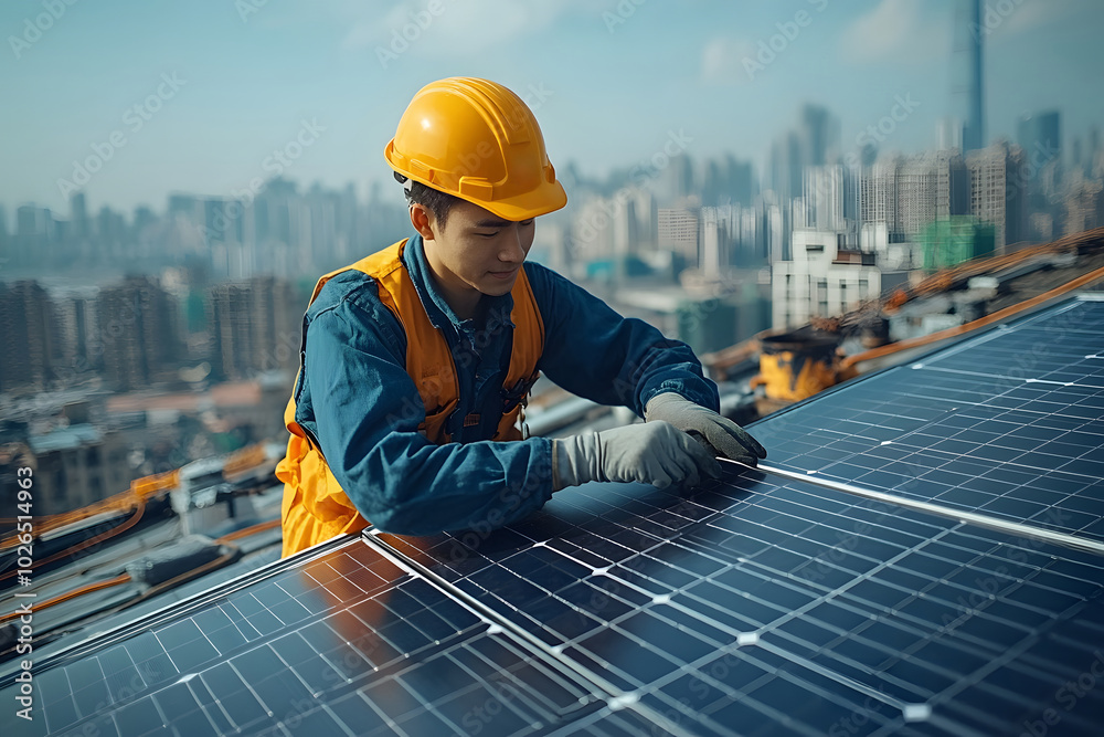 Electrician Assembling A Solar Power System On A Rooftop