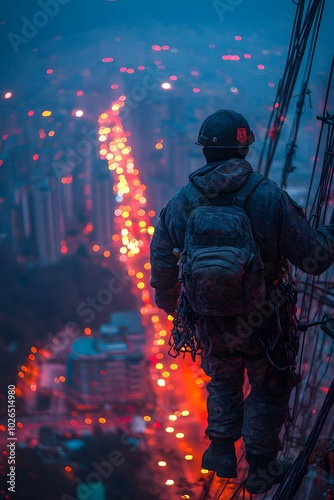 Electrician Climbing An Electrical Tower At Dusk