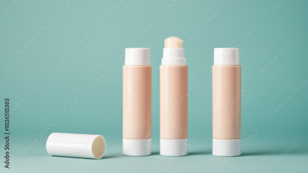 This image showcases three stylish body balm tubes with a minimalistic design. The absence of branding and the soft pastel backdrop enhance their appeal, ideal for beauty marketing in upscale settings This image showcases three stylish body balm tubes with a minimalistic design. The absence of branding and the soft pastel backdrop enhance their appeal, ideal for beauty marketing in upscale settings