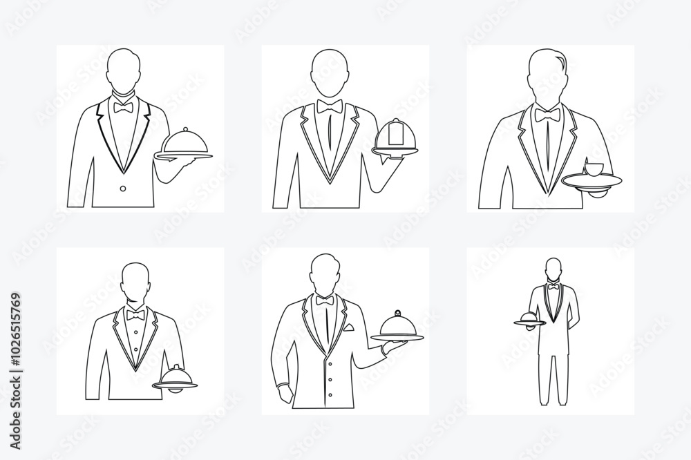 Luxury Restaurant Waiter Outline Art Illustration - Elegant Line Drawing on White Background Luxury Restaurant Waiter Outline Art Illustration - Elegant Line Drawing on White Background
