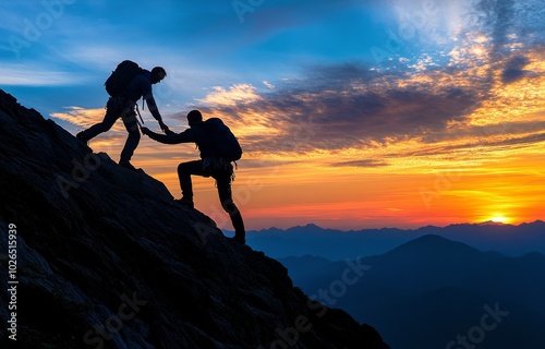 Couple climbing a mountain together at sunset, enjoying a breathtaking view a...