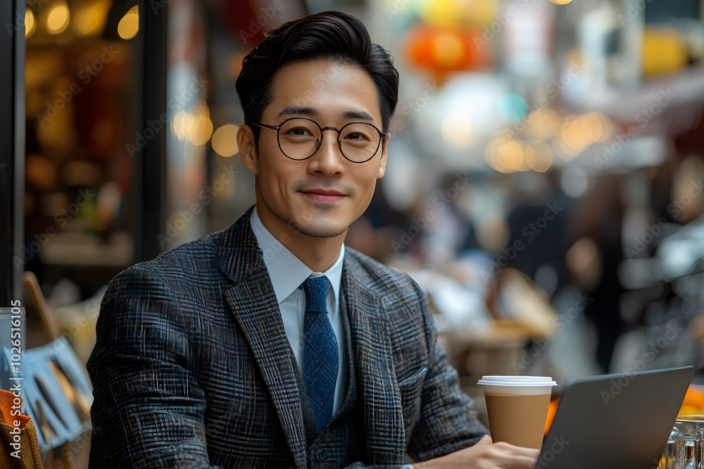 Young Chinese Businessman In A Street Cafe Young Chinese Businessman In A Street Cafe
