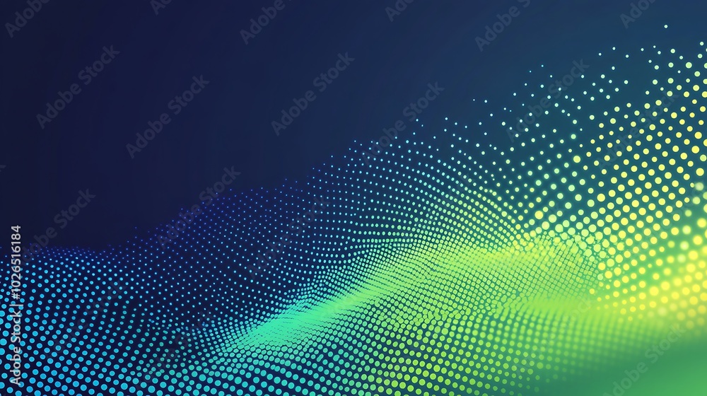 Abstract digital wave of glowing dots in green and blue hues against a dark blue background. Abstract digital wave of glowing dots in green and blue hues against a dark blue background.