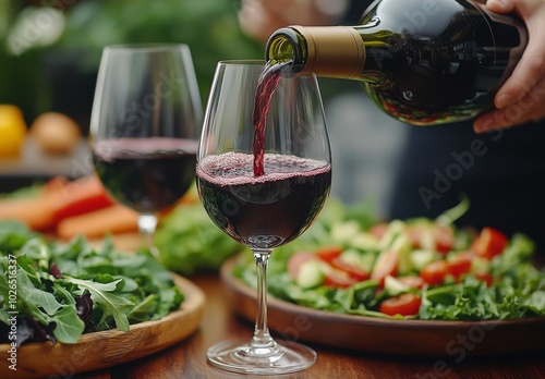 Enjoying red wine with fresh salad on a vibrant dining table during a relaxin...