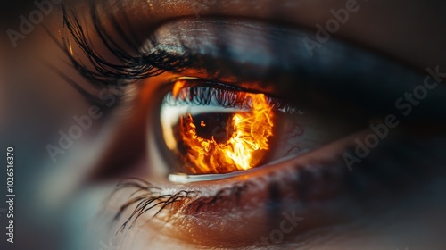 Macro close-up of a human eye reflecting flames, symbolizing inner fire and passion for creative projects and visual arts
