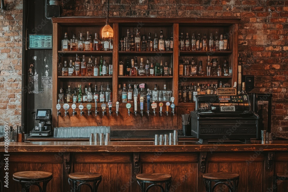 Classic wooden bar with shelves of liquor bottles and glasses Classic wooden bar with shelves of liquor bottles and glasses