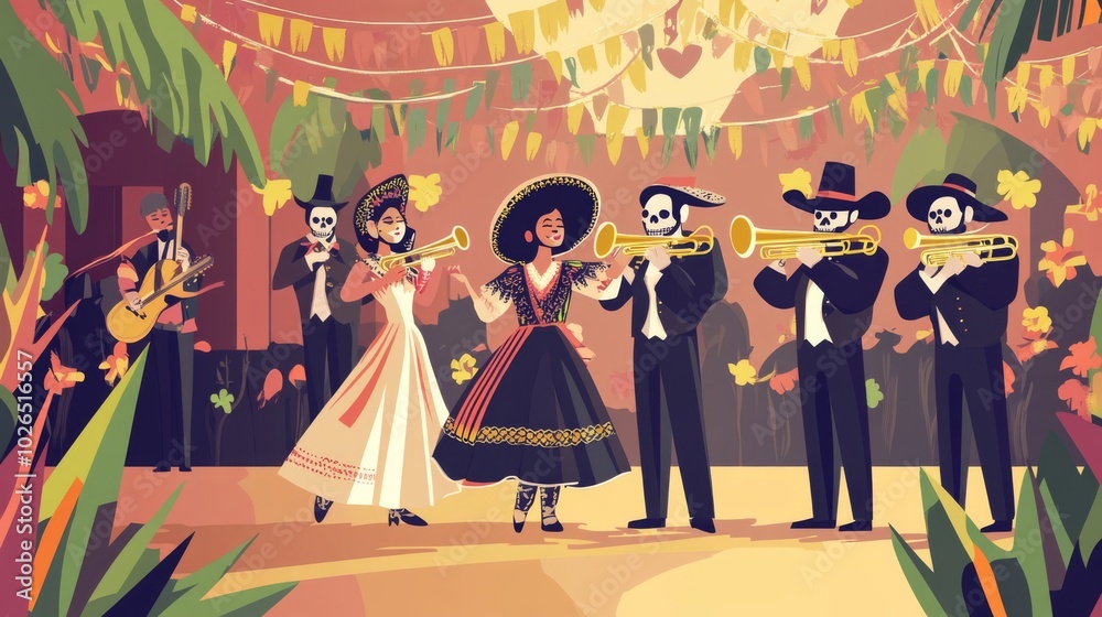 Obraz premium Mexican Day of the Dead: Two Skeletons in Traditional Attire Dancing and Playing Guitar Against a Dark Green Background