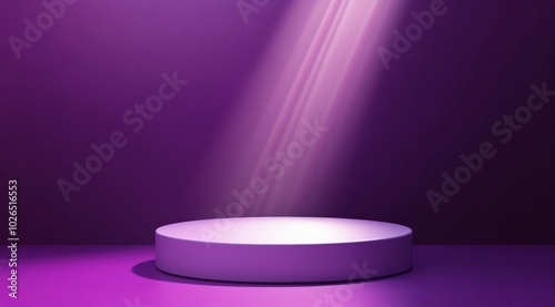 A minimalist stage illuminated by purple lights in a dramatic presentation se...