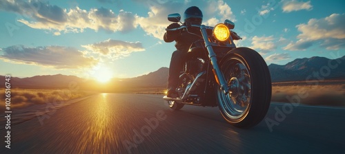 Rider cruising along an open road at sunset, enjoying the freedom of motorcyc...